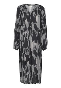 Long, loose-fitting dress in black and gray abstract pattern. Made of lightweight fabric with a V-neckline and button detail at the chest.