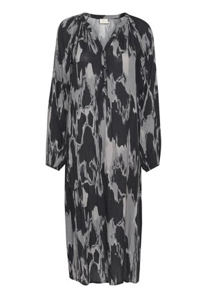 Duga, široka haljina u crnoj i sivoj apstraktnoj šemi. Izrađena od lagane tkanine s V-izrezom i dugmetom na prsima.