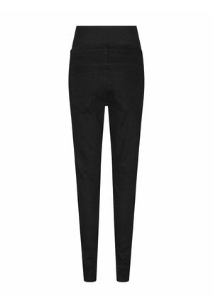 Zwarte stretchjeans met een hoge taille, slim fit en twee achterzakken. Het materiaal lijkt glad met een strak, effen ontwerp.