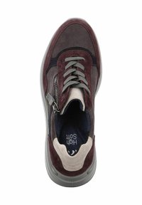 Burgundy and gray suede sneaker with lace-up design, featuring a side zipper and a cushioned sole for comfort. Inside shows dark lining.
