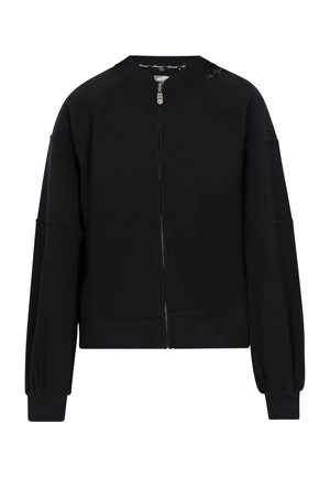 Must musta tõmblukuga jakk, mis on valmistatud pehmest kangast, raglanvarrukatega, ribaga mansettide ja kõrge kraega. Omab hõbedast tõmbluku ja logo detaile.