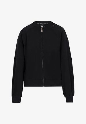 Must musta tõmblukuga jakk, mis on valmistatud pehmest kangast, raglanvarrukatega, ribaga mansettide ja kõrge kraega. Omab hõbedast tõmbluku ja logo detaile.