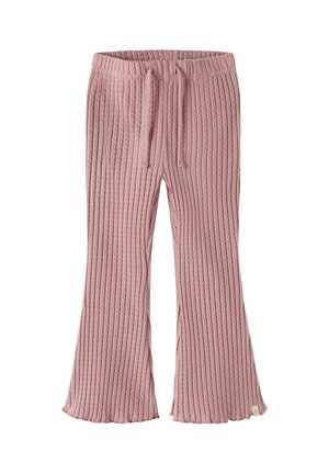 Pantalon en maille côtelée rose avec taille à cordon et jambes légèrement évasées, conçu pour enfants, présenté sur fond blanc.