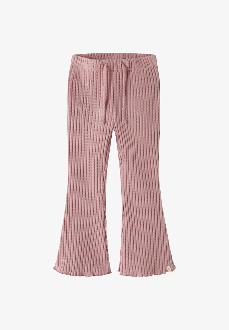 Pantalon en maille côtelée rose avec taille à cordon et jambes légèrement évasées, conçu pour enfants, présenté sur fond blanc.