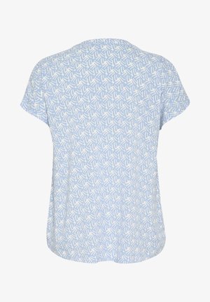 T-shirt azzurro chiaro a maniche corte con un motivo astratto bianco in tutto. Tessuto morbido, collo rotondo e vestibilità comoda.