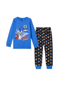 Blaues langärmliges Oberteil mit Sonic the Hedgehog-Grafik und schwarze Hose mit Mustern aus Sonics und seinen Freunden Gesichtern, beide mit gerippten Bündchen.