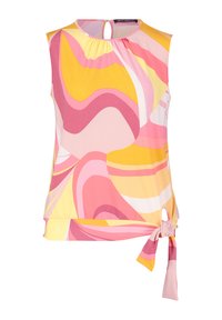 Top bez rękawów w wielokolorowy wir wzorów w odcieniach różu, żółci i bieli. Posiada otwór w tylnej części oraz wiązanie w talii.