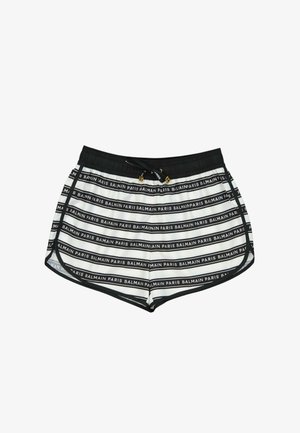 Schwarz-weiß gestreifte Shorts mit dem Text "BALMAIN PARIS", der sich auf jedem Streifen wiederholt, und einem schwarzen elastischen Bund mit Kordelzug.