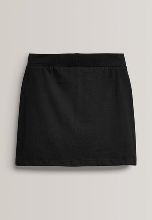 Juodas medvilninis sijonas su paprastu dizainu, turintis elastinę juosmens juostą ir tiesią siluetą, lygią tekstūrą ir kelio ilgio kirpimą.