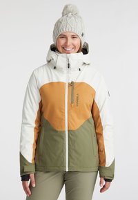 Insulated jacket with white, orange, and green color blocks. Features a zip front, adjustable hood, and elastic cuffs. Includes side pockets.