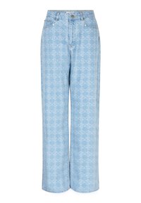 Lichtblauwe denim wijde pijpen jeans met een subtiel geometrisch patroon, vijf-pocket ontwerp en een sluiting met een knoop aan de voorkant.