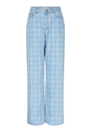 Lichtblauwe denim wijde pijpen jeans met een subtiel geometrisch patroon, vijf-pocket ontwerp en een sluiting met een knoop aan de voorkant.