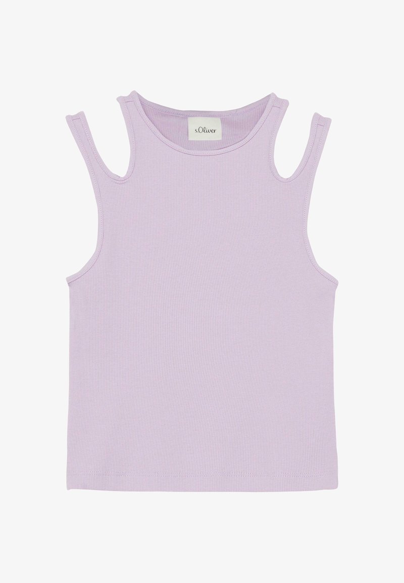 Haut sans manches en maille côtelée lilas avec double bretelles et encolure ronde, arborant une petite étiquette blanche de la marque s.Oliver à l'intérieur.