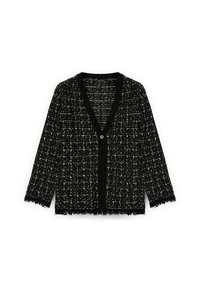 Schwarze und weiße Tweed-Strickjacke mit V-Ausschnitt, dreiviertellangen Ärmeln, ausgefransten Kanten und einem goldenen Knopfverschluss in der Mitte vorne.