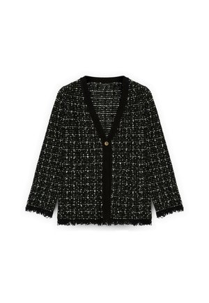 Zwart-wit tweed vest met een V-hals, driekwart mouwen, rafelige randen en een gouden knopen sluiting in het midden voor.