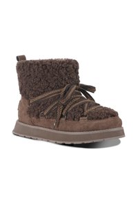 Brown suede ankle boot with a textured, fluffy fur cuff, decorative laces, and a sturdy rubber sole for traction.