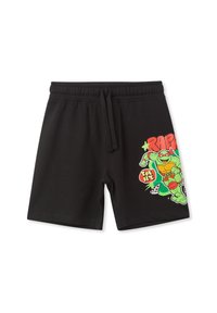 Pantaloni corti neri in cotone con cintura elastica e stringa. Grafica colorata di una tartaruga ninja sulla gamba sinistra con testi decorativi.