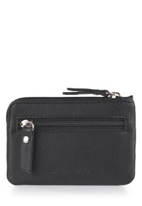 Billetera de cuero negro con superficie texturizada, compartimentos con cremallera y función de protección RFID. Forma rectangular compacta para un fácil almacenamiento.