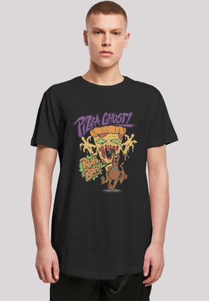 Schwarzes Baumwoll-T-Shirt mit einem Cartoon-Druck eines geisterhaften Pizzastücks und einem Hund, versehen mit dem Text "Pizza Ghost!" und "Ruh-Roh!" in lebhaften Farben.