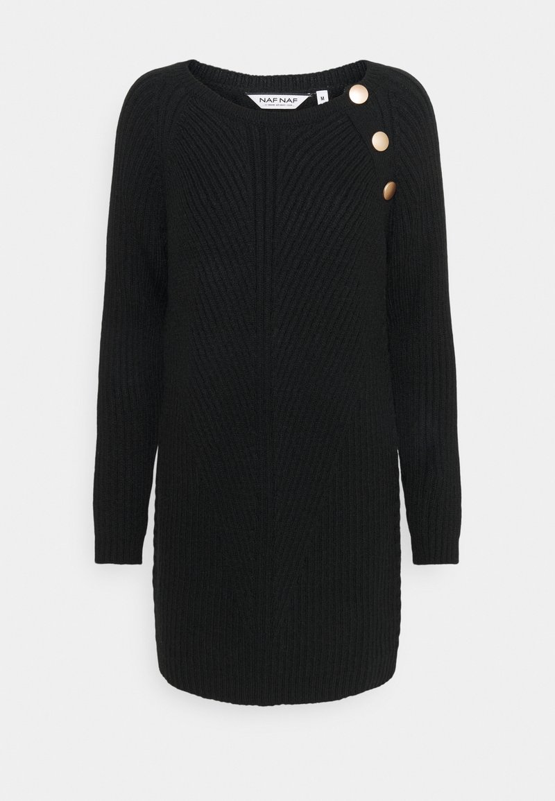 Robe-pull noire à manches longues en maille avec nervures diagonales et trois gros boutons dorés sur l'épaule gauche, taille moyenne.