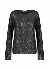 Haut noir à manches longues recouvert de sequins brillants avec un col rond, présenté sur un fond blanc.