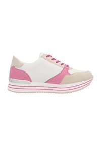 Sneakers met een witte bovenkant, roze suède accenten en beige details. Voorzien van roze veters en een gestreepte zool met een grijze rubberen onderkant.