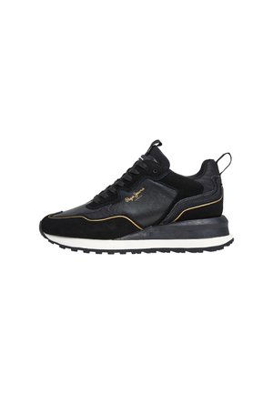 Sneaker nera realizzata in materiali scamosciati e in pelle, con un collare alla caviglia testurizzato, una suola intermedia bianca e accenti dorati a contrasto sui lati.