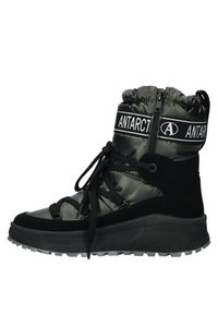 Black waterproof ankle boot with quilted upper, featuring adjustable laces, zipper closure, and a textured rubber sole for grip.