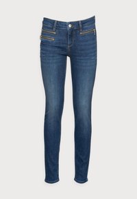 Jeans de mezclilla azul oscuro con un fit ajustado. Cuenta con dos bolsillos frontales con cierre y un cierre de botón clásico. Textura suave, diseño de pierna recta.