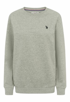 Lichtgrijs sweatshirt van zacht materiaal, met een ronde hals, lange mouwen, geribbelde manchetten en een klein zwart logo op de borst.