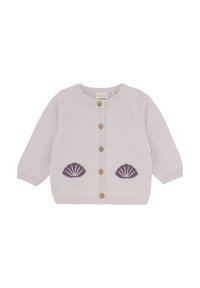 Ljust lavendelfärgat stickat cardigan med långa ärmar, träknappar och lila snäckbroderier på fickorna. Slät textur.