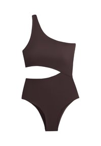 Maillot de bain une pièce marron foncé avec une épaule dénudée et une découpe à la taille.