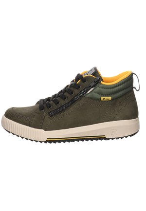 Baskets montantes en daim vert olive avec lacets noirs, intérieur jaune et fermeture éclair sur le côté. Semelle en caoutchouc avec motif en zigzag.