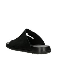 Sandal in camoscio nero, con punta aperta e retro scoperto, dotato di una soletta imbottita, suola in gomma e design con ritagli per la ventilazione.