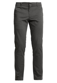 Slim-fit, ciemnoszare spodnie wykonane z mieszanki bawełny, charakteryzujące się gładką fakturą, szlufkami na pasek, kieszeniami bocznymi oraz zapięciem na zamek błyskawiczny.