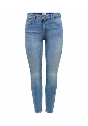 Svetlomodré úzke rifle z denimu s predným gombíkom, pútkami na opasok a dizajnom s piatimi vreckami, zobrazené na bielom pozadí.