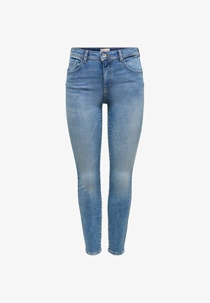 Svetlomodré úzke rifle z denimu s predným gombíkom, pútkami na opasok a dizajnom s piatimi vreckami, zobrazené na bielom pozadí.