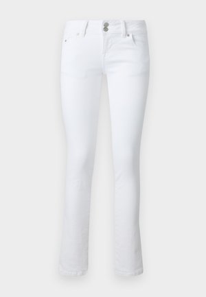 Jeans blancs en denim, avec une coupe slim, deux poches avant, une fermeture par bouton et zip, et une légère évasement en bas.