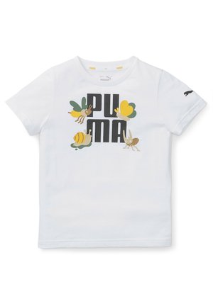 Biała bawełniana koszulka z napisem "PUMA" w pogrubionych czarnych literach, otoczonym kolorowymi grafikami owadów i kwiatów. Krótkie rękawy.