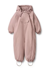 Rožinių spalvų neperšlampamas kombinezonas su gobtuvu, elastinėmis rankogalėmis, priekinė kišenė ir šoninėmis užtrauktukais. Lygus, lengvas audinys su minkšta pamušalu.