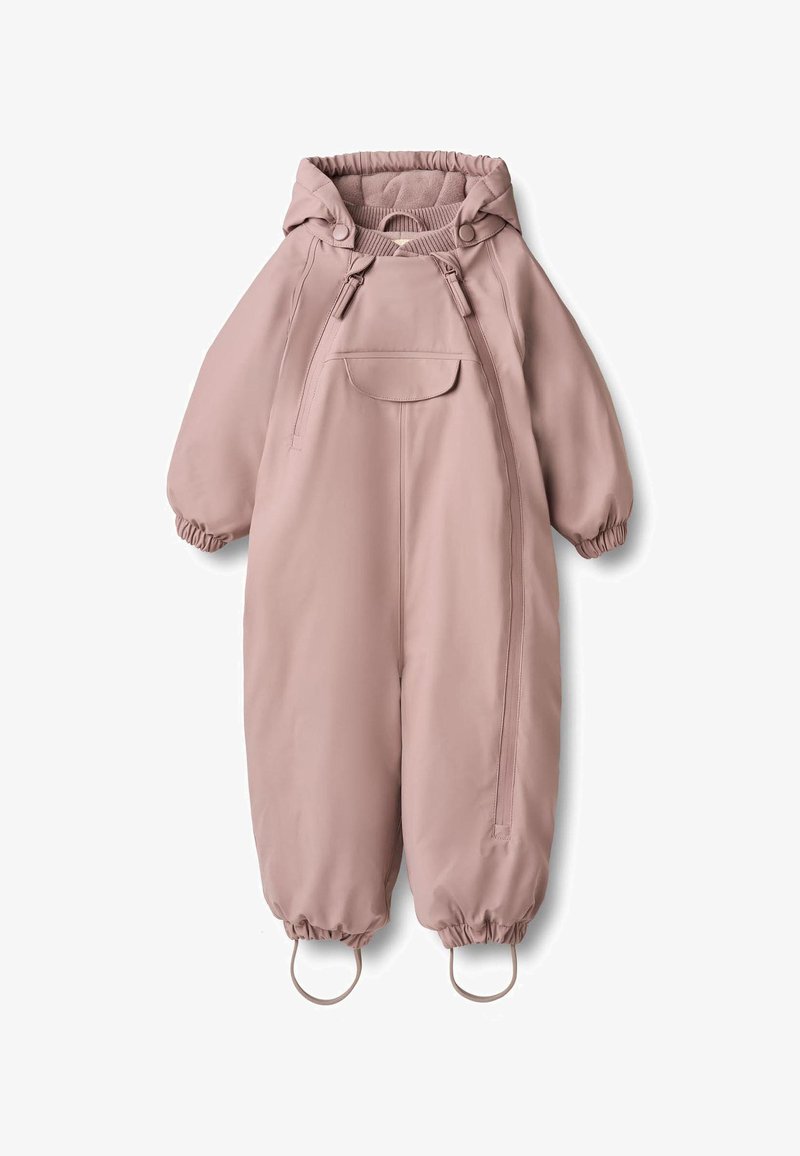 Rožinių spalvų neperšlampamas kombinezonas su gobtuvu, elastinėmis rankogalėmis, priekinė kišenė ir šoninėmis užtrauktukais. Lygus, lengvas audinys su minkšta pamušalu.