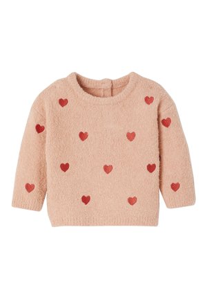 Rosa, weicher Fleece-Pullover mit langen Ärmeln. Mit verstreuten roten Herzmustern, Rundhalsausschnitt und einer strukturierten Oberfläche.