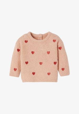 Rosa, weicher Fleece-Pullover mit langen Ärmeln. Mit verstreuten roten Herzmustern, Rundhalsausschnitt und einer strukturierten Oberfläche.