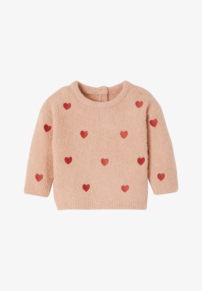 Rosa, weicher Fleece-Pullover mit langen Ärmeln. Mit verstreuten roten Herzmustern, Rundhalsausschnitt und einer strukturierten Oberfläche.