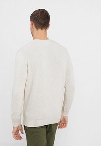 Helle beige Strickpullover mit rundem Ausschnitt, langen Ärmeln und gerippten Bündchen und Saum. Strukturiertes Material, schlichtes Design und lässige Passform.