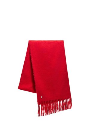 Écharpe en laine rouge vif aux extrémités frangées, pliée dans le sens de la longueur, présentée sur fond blanc.