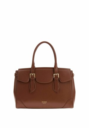 Sac à main en cuir marron avec deux sangles bouclées, double poignée et logo doré "Guess Collection" au centre avant.