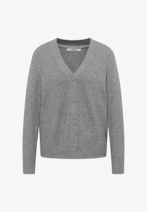 Cardigan gris en tissu doux, avec un col en V, des manches longues et six boutons assortis sur le devant. Texture subtile sur la surface.