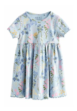 Vestido corto azul celeste acanalado con falda fruncida, con estampado floral y de unicornios en tonos pastel rosa, amarillo, verde y azul.