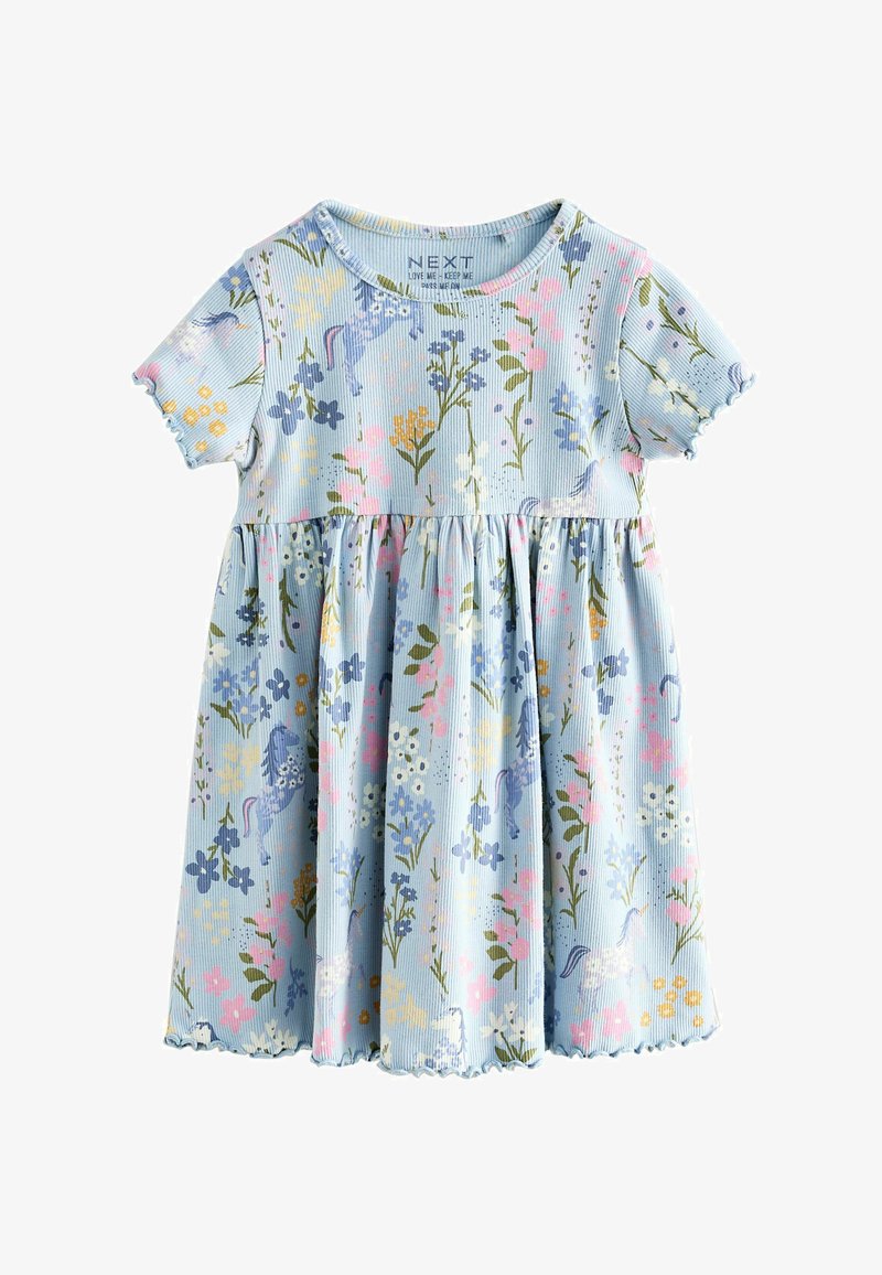 Robe bleu clair côtelée à manches courtes avec jupe froncée, présentant un motif floral et licorne pastel en rose, jaune, vert et bleu.